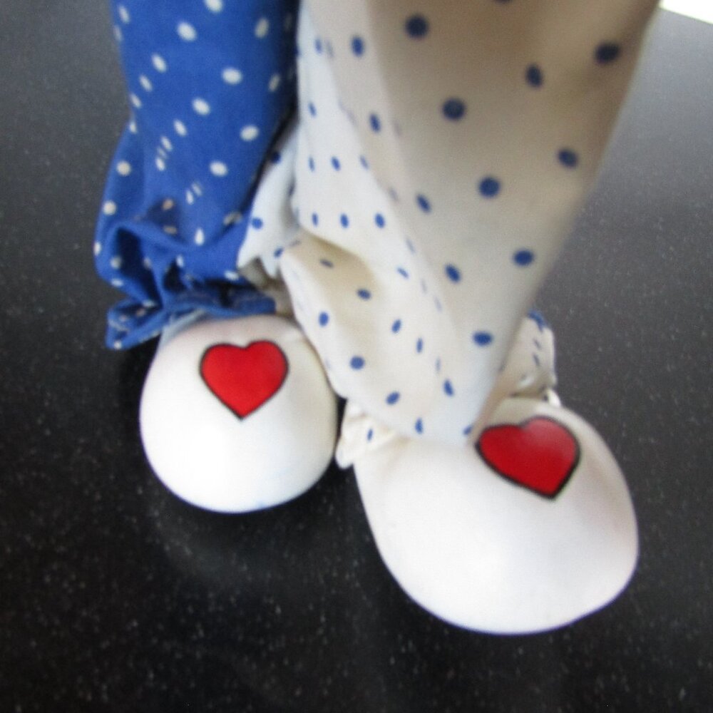 Vintage Porcelain Clown Doll with Wind Up Music in White and Blue Polka Dot